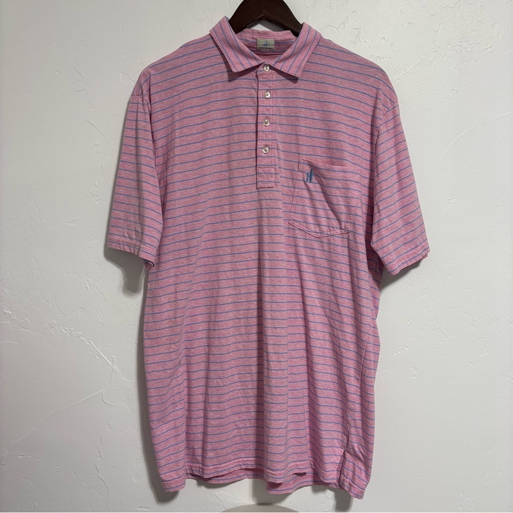 Johnnie-O Hangin' Out Men's Cotton T Shirt XL Pink Blue Stripe Polo Short Sleeve